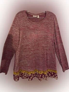 LOGO by Lori Goldstein Plum Marled Asymmetric Lace-Hem Tunic with Mustard Trim